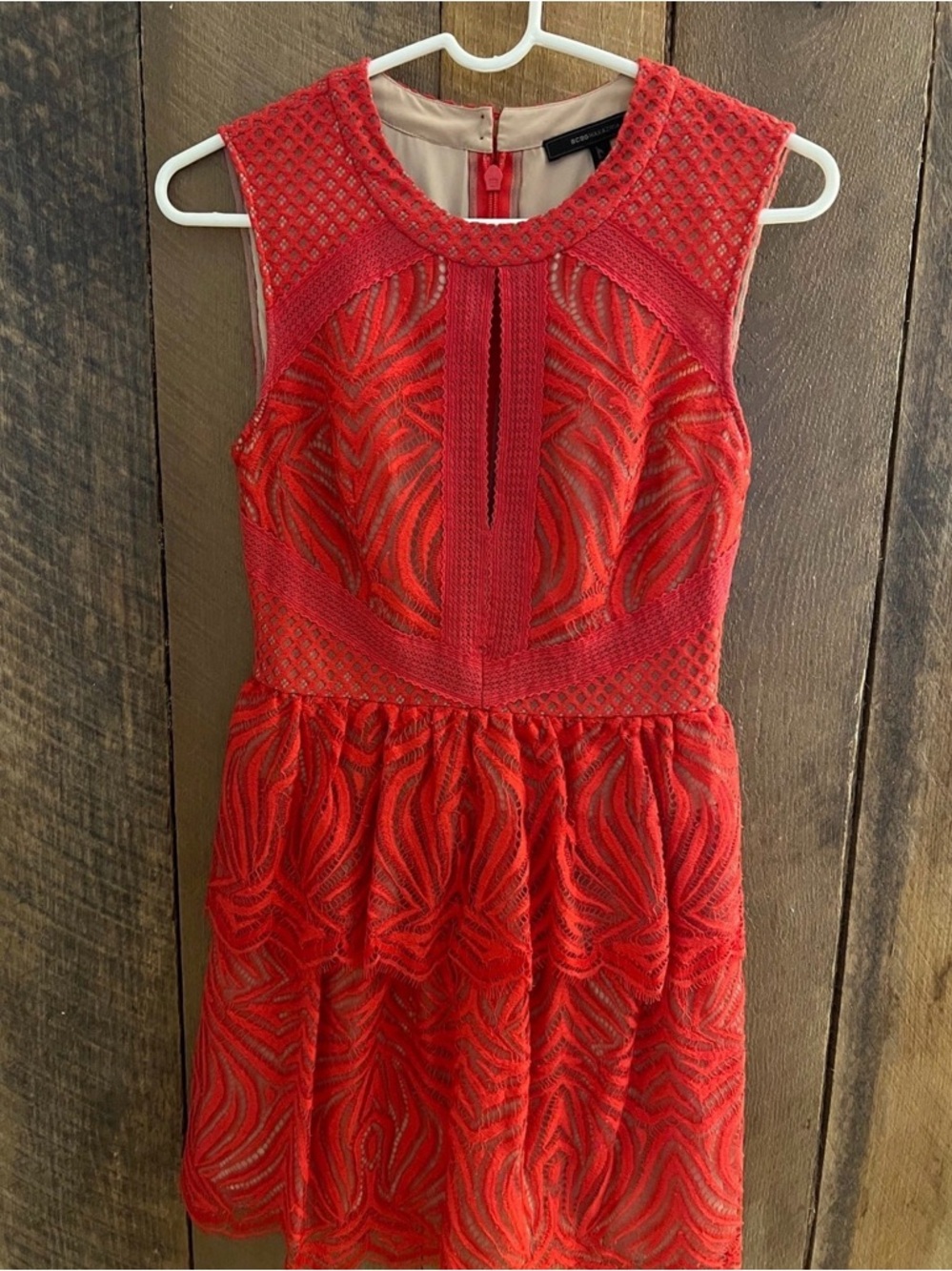 BCBG Red Sleeveless Lace Overlay Mini Dress